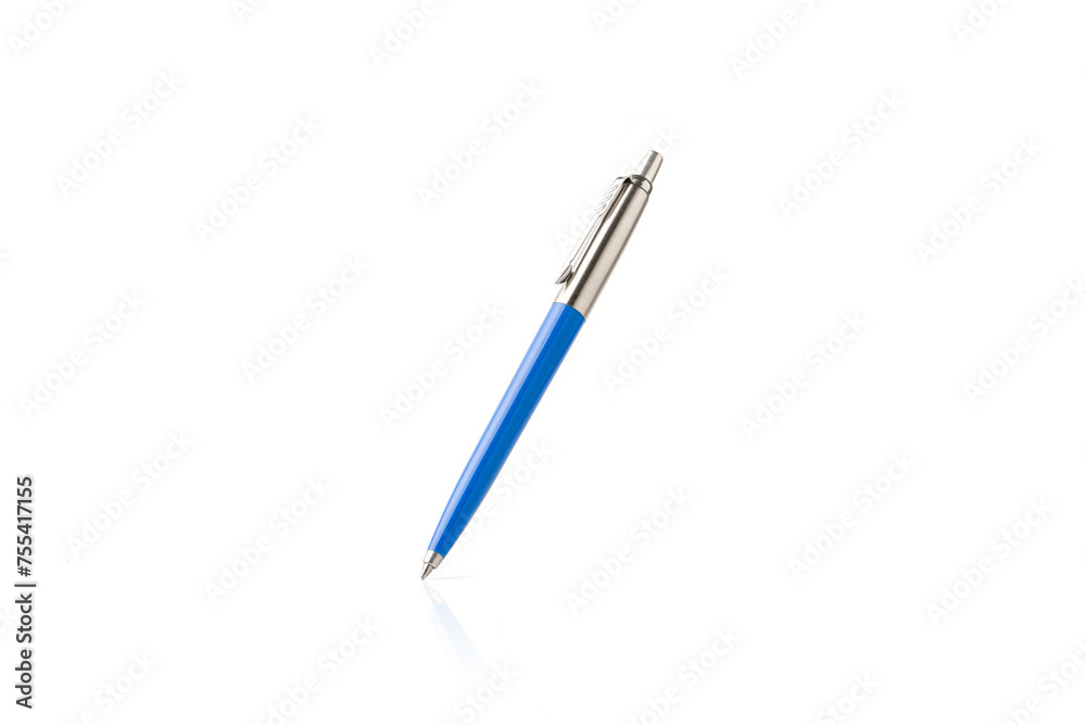 Blue plastic and metal ballpoint pen on white isolated background