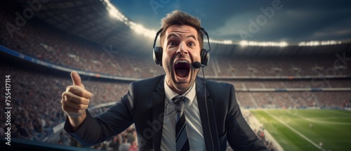 Football commentator with headphones, gesturing excitedly, with a blurred football stadium