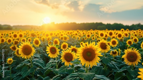 Wide-angle shot of the sunflower field in the sunset