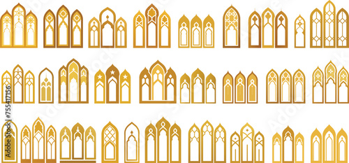 Set of gold ornate arab windows isolated on white background. Vector illustration. Ramadan Kareem design element, invitation or card template. Arabic traditional architecture, arabesque motif pattern