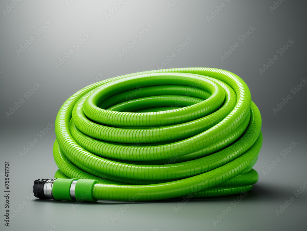 A green garden hose neatly coiled on a plain gray background, ready for outdoor watering tasks A green garden hose neatly coiled on a plain gray background, ready for outdoor watering tasks