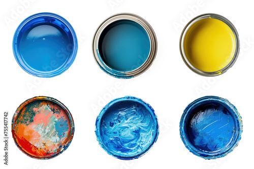a paint bucket with blue liquid, top view, on transparency background PNG
