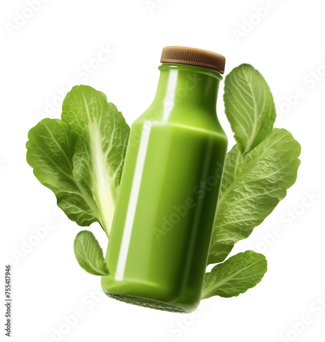 Isolated of green smoothie bottle with kale leaves 