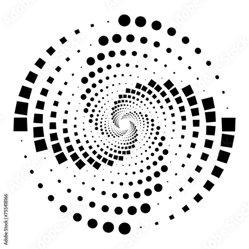 Abstract geometric design in circle shape with spiral lines and dots. For posters, banners, logos, badges, presentations and booklets. Radial rotating shape. Vector illustration.