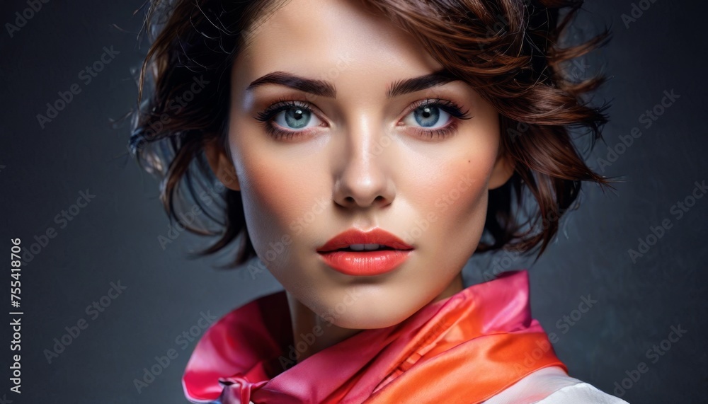a close up of a woman with blue eyes wearing an orange and white shirt and a pink scarf around her neck. a close up of a woman with blue eyes wearing an orange and white shirt and a pink scarf around her neck.