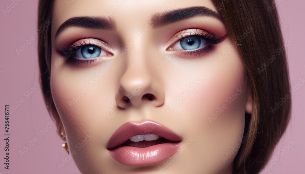  a close up of a woman's face with blue eyes and a necklace on her neck and a pink background.