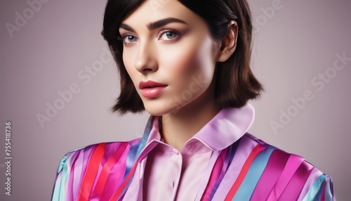  a close up of a person wearing a pink shirt and a purple and blue striped shirt with a pink collar.