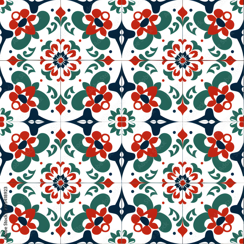 Seamless vector illustration of a classic ceramic tile design featuring symmetrical floral motifs in a red, green, and beige color palette, perfect for backgrounds, wallpapers, or fabric prints Seamless vector illustration of a classic ceramic tile design featuring symmetrical floral motifs in a red, green, and beige color palette, perfect for backgrounds, wallpapers, or fabric prints