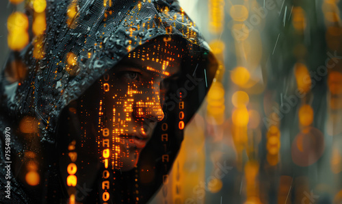 Anonymous hacker in front with black sweater and hoodie Surrounded by yellow data networks and hackers.