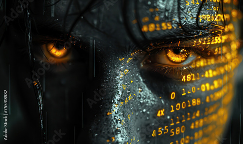 Anonymous hacker in front with black sweater and hoodie Surrounded by yellow data networks and hackers.