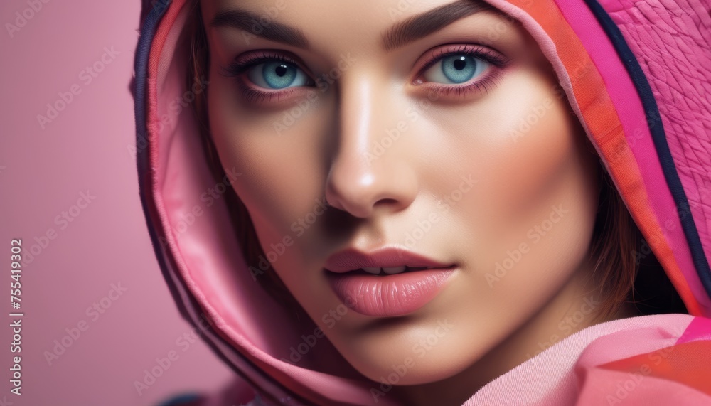 a close up of a woman's face with a pink scarf around her head and a pink scarf around her neck. a close up of a woman's face with a pink scarf around her head and a pink scarf around her neck.