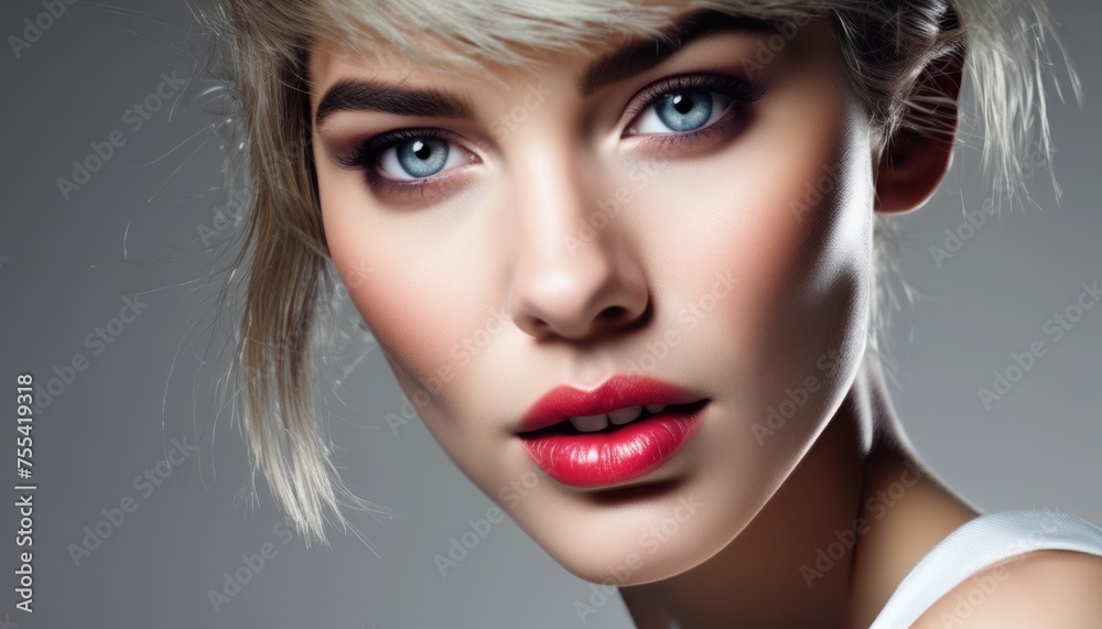 a close up of a woman with blue eyes and blonde hair wearing a white tank top and a red lipstick. a close up of a woman with blue eyes and blonde hair wearing a white tank top and a red lipstick.