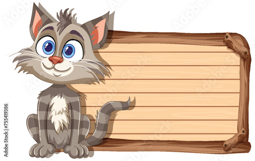 Cute cartoon cat sitting beside a blank sign