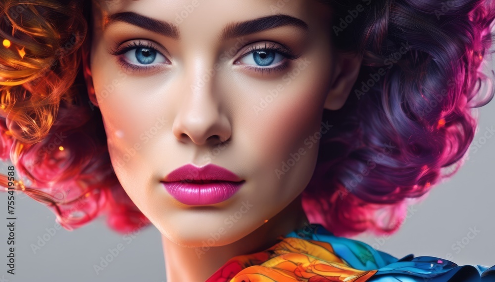  a close up of a woman's face with bright pink hair and bright blue eyes and a pink wig.