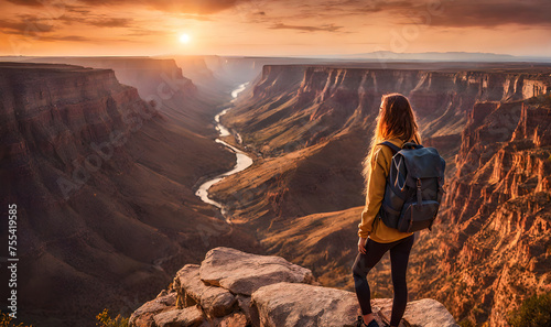 Girl in adventure attire stands at cliff edge, overlooking vast canyon photo