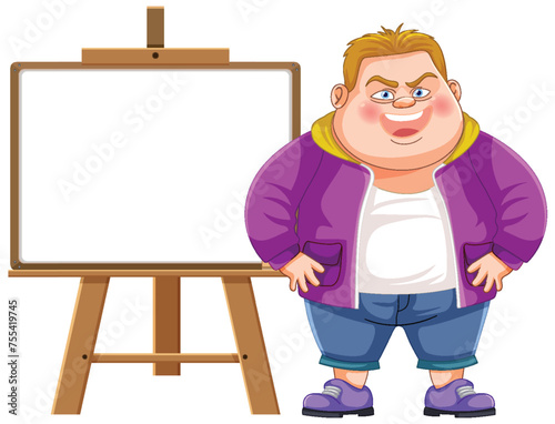 Cartoon artist standing beside a blank canvas.