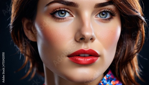  a close up of a woman's face with a red lip and a blue eyeshadow, with a black background.
