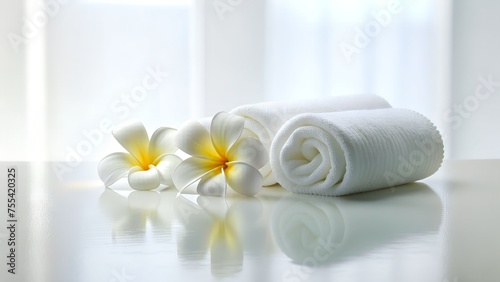 Spa Wellness Concept with Frangipani Flowers and White Towels. Minimalist Spa Concept with Plumeria Flowers and Rolled White Towels