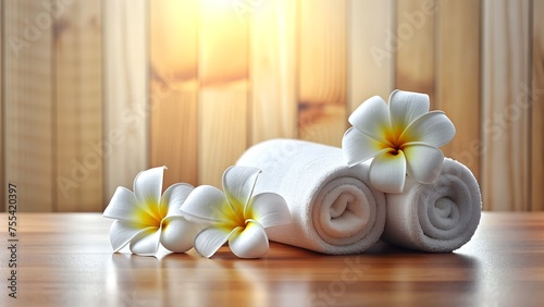 Spa Essentials with Plumeria on Wooden Background. Sauna, the walls are upholstered in natural wood. 