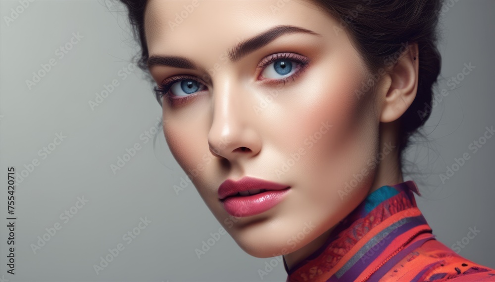 a close up of a woman's face with blue eyes and a red and blue shirt on top of her. a close up of a woman's face with blue eyes and a red and blue shirt on top of her.