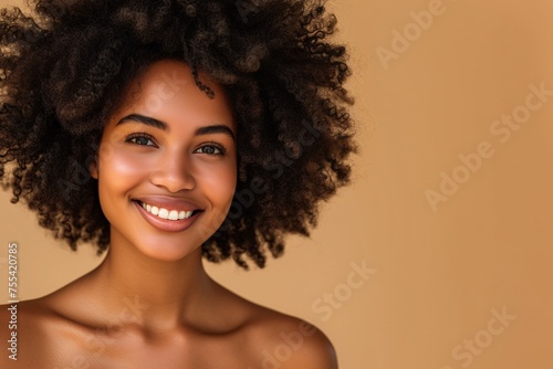 Stylish Woman With Afro Posing on Beige Background