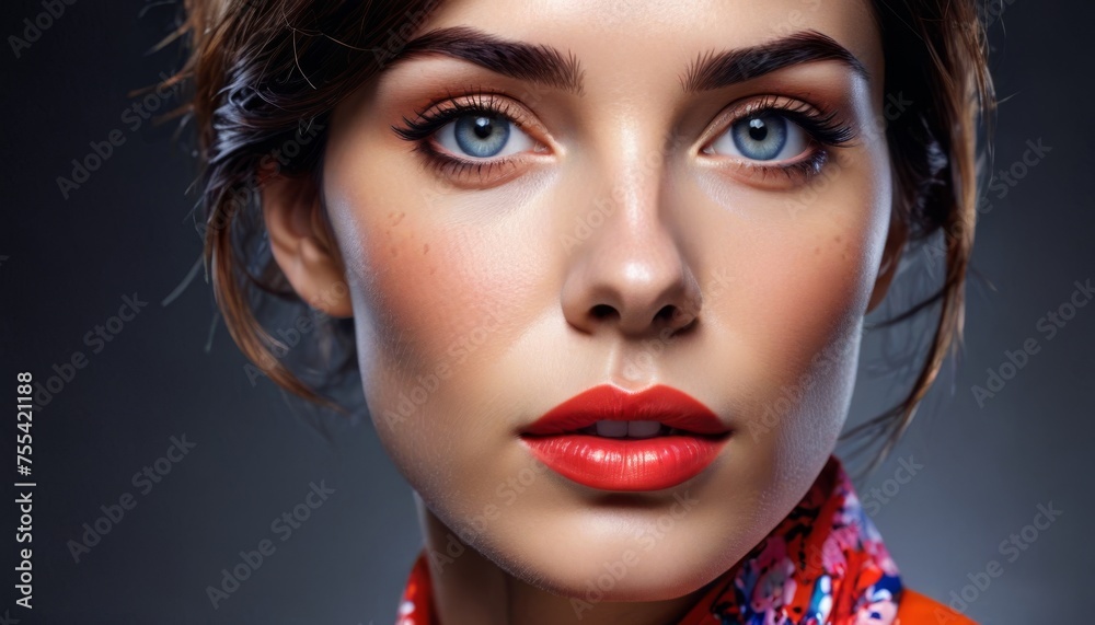a close up of a woman with blue eyes and a red scarf around her neck and red lipstick on her lips. a close up of a woman with blue eyes and a red scarf around her neck and red lipstick on her lips.