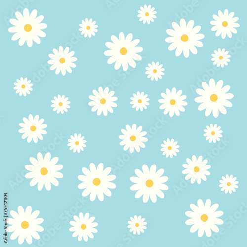 Fototapeta Naklejka Na Ścianę i Meble -  Hand drawn vintage cute white daisy aesthetic pattern print blue background