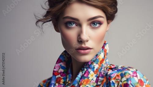  a woman with blue eyes and a multicolored scarf around her neck is looking at the camera with a serious look on her face. © Mateo