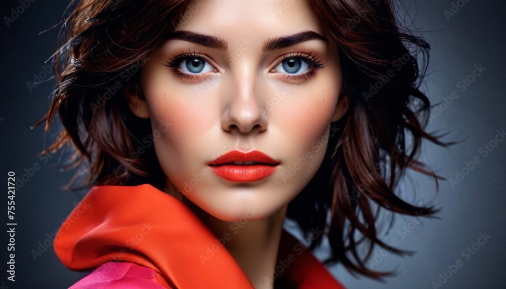 Fototapeta premium a close up of a woman's face with a red coat over her shoulders and a red scarf around her neck.