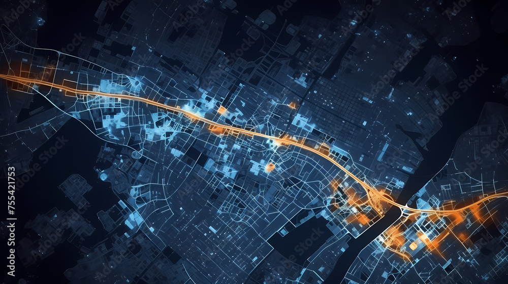 City map illustration, data visualization of urban traffic patterns and ...