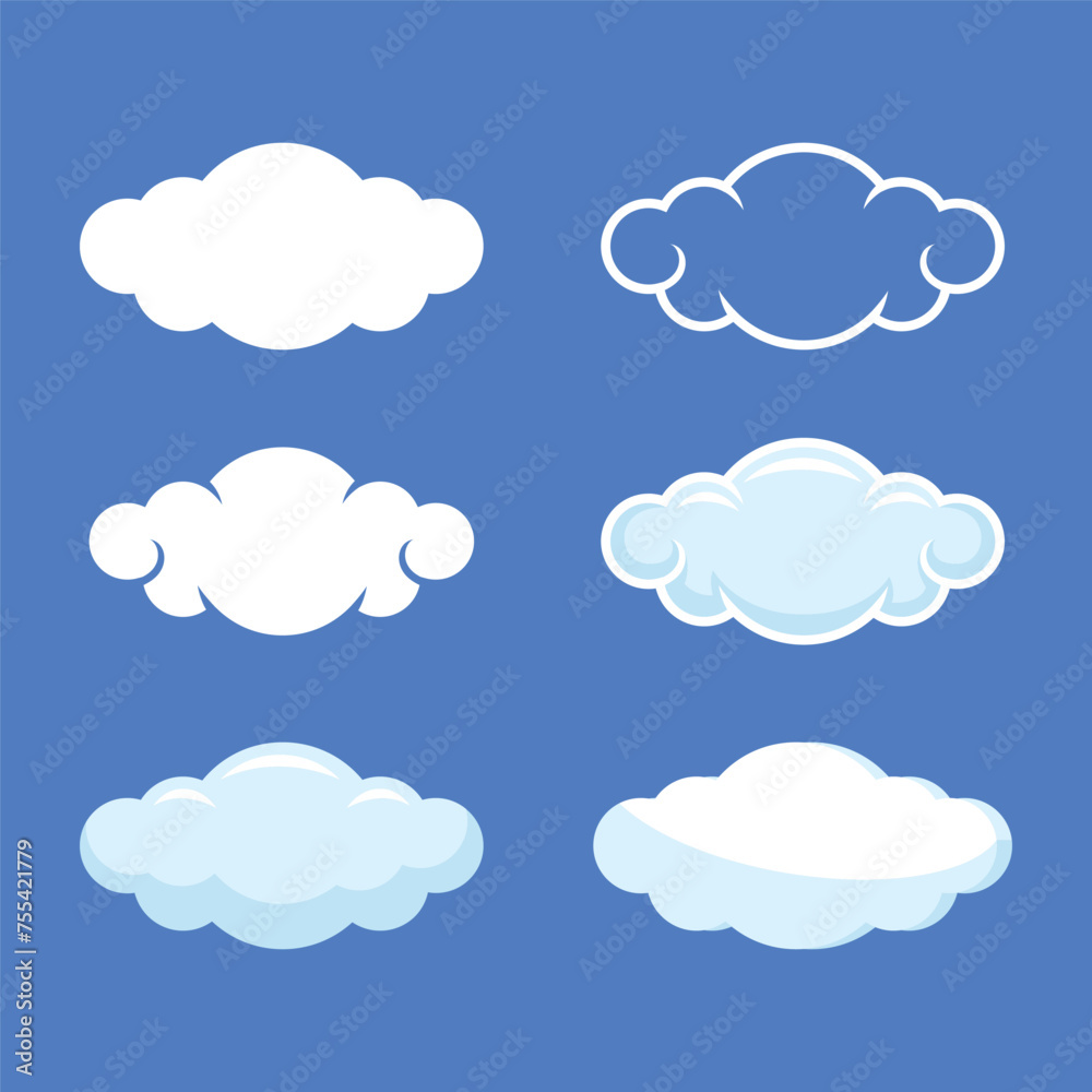 cartoon white clouds icon set isolated on blue