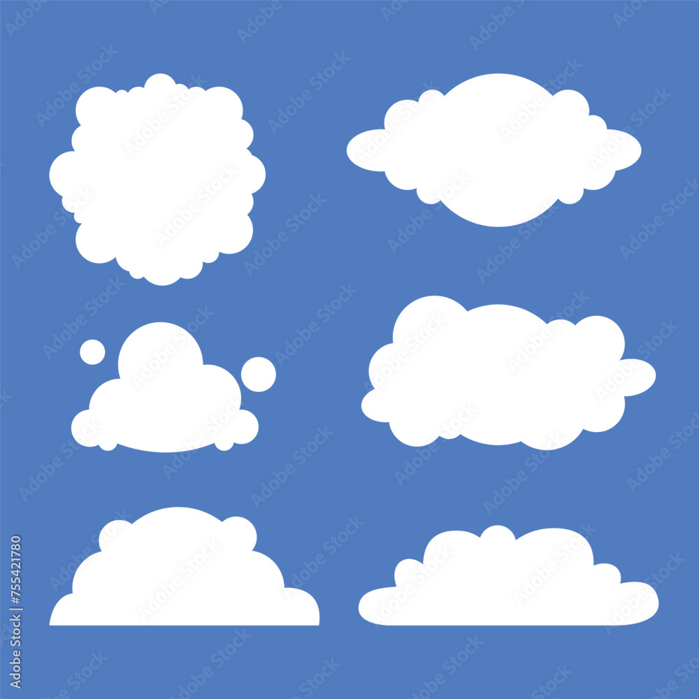 cartoon white clouds icon set isolated on blue