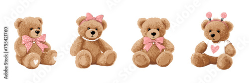 Cute little teddy bear doll set. Vector illustrations isolated on white background.