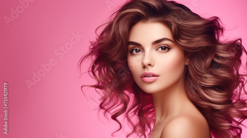 Glamorous Woman With Flowing Hair Against Pink Background