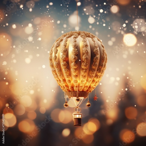 A gold and white hot air balloon is flying over a snowy forest