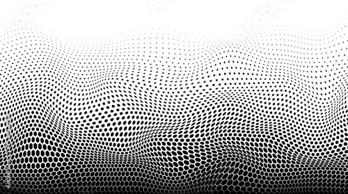 Optical spotted texture. Abstract background with dots. Halftone dot pattern. Wavy half tone effect. Black white banner. Futuristic pop art print. Monochrome vector illustration. photo