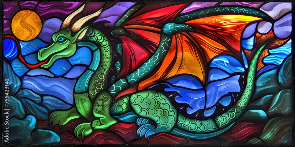Stained Glass Dragon Delight. A Whimsical Cartoon Dragon Rendered in the Style of Stained Glass, Adding Color and Charm to Any Setting.