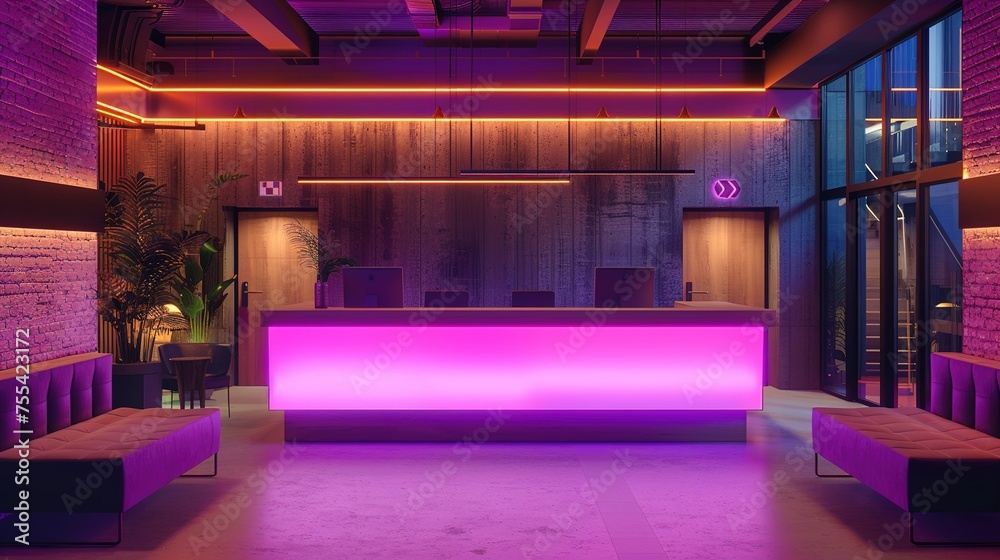 A chic boutique hotel lobby with neon-lit reception desks and seating areas, featuring sleek modern furniture and vibrant neon signage, welcoming guests into a stylish and contemporary environment.