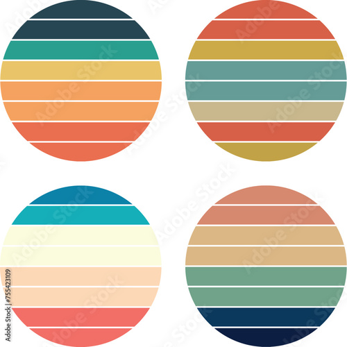 Vintage SynthWave retro striped sun, colorful Retro Sunset Stripes, circles collection vector illustration design