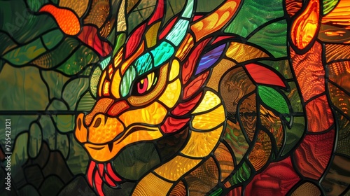 Stained Glass Dragon Delight. A Whimsical Cartoon Dragon Rendered in the Style of Stained Glass  Adding Color and Charm to Any Setting.