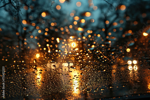 Raindrops close-up on a car window in the evening. Generated by artificial intelligence