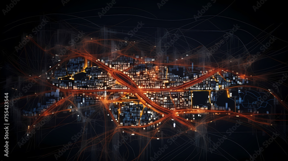 City map illustration, data visualization of urban traffic patterns and congestion