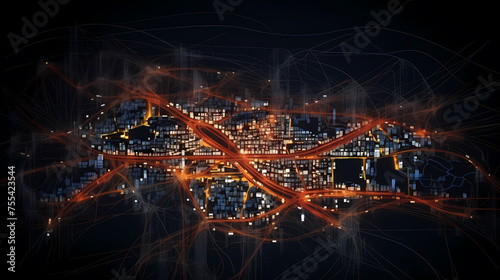 City map illustration, data visualization of urban traffic patterns and congestion