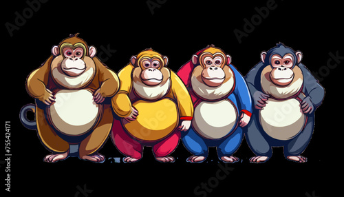 Vier bunte, übergewichtige, coole Affen.