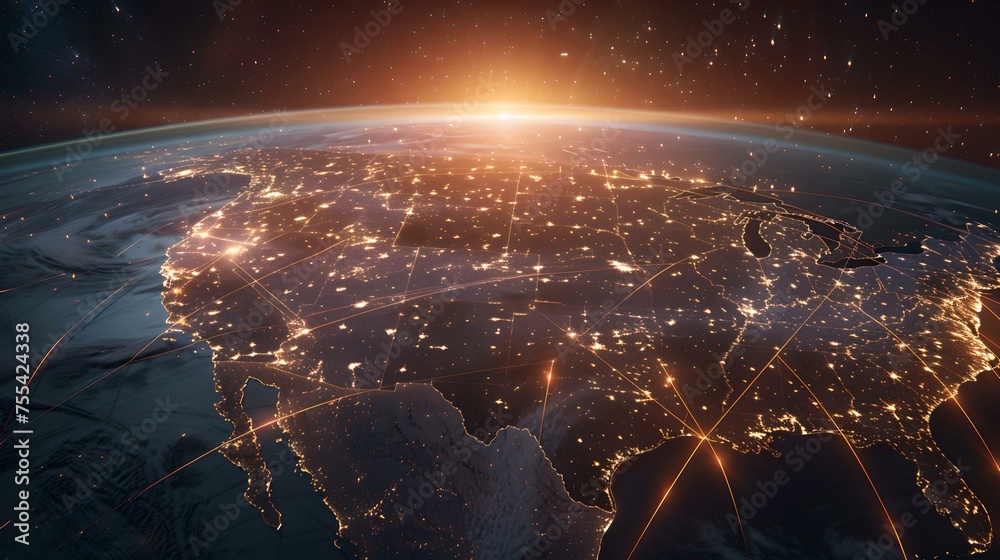 Dazzling cityscape at twilight with glowing lights. sunrise over a futuristic city. a vision of earth's future. serene yet vibrant, perfect for background. AI