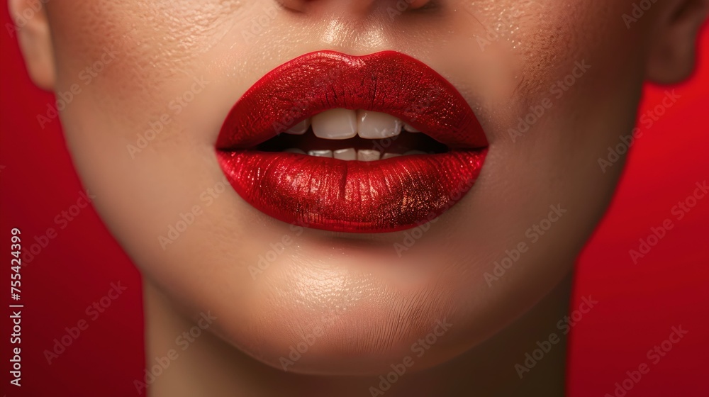 Obraz premium Close-up of glowing red lips on a woman. beauty and makeup concept. perfect for cosmetics ads. captivating and seductive. AI