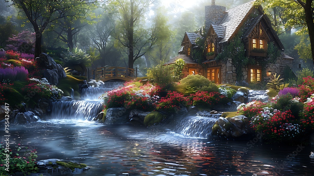 A quaint stone cottage nestled in a lush forest with a waterfall and vibrant flowers reflecting in a serene pond under a soft sunbeam. 