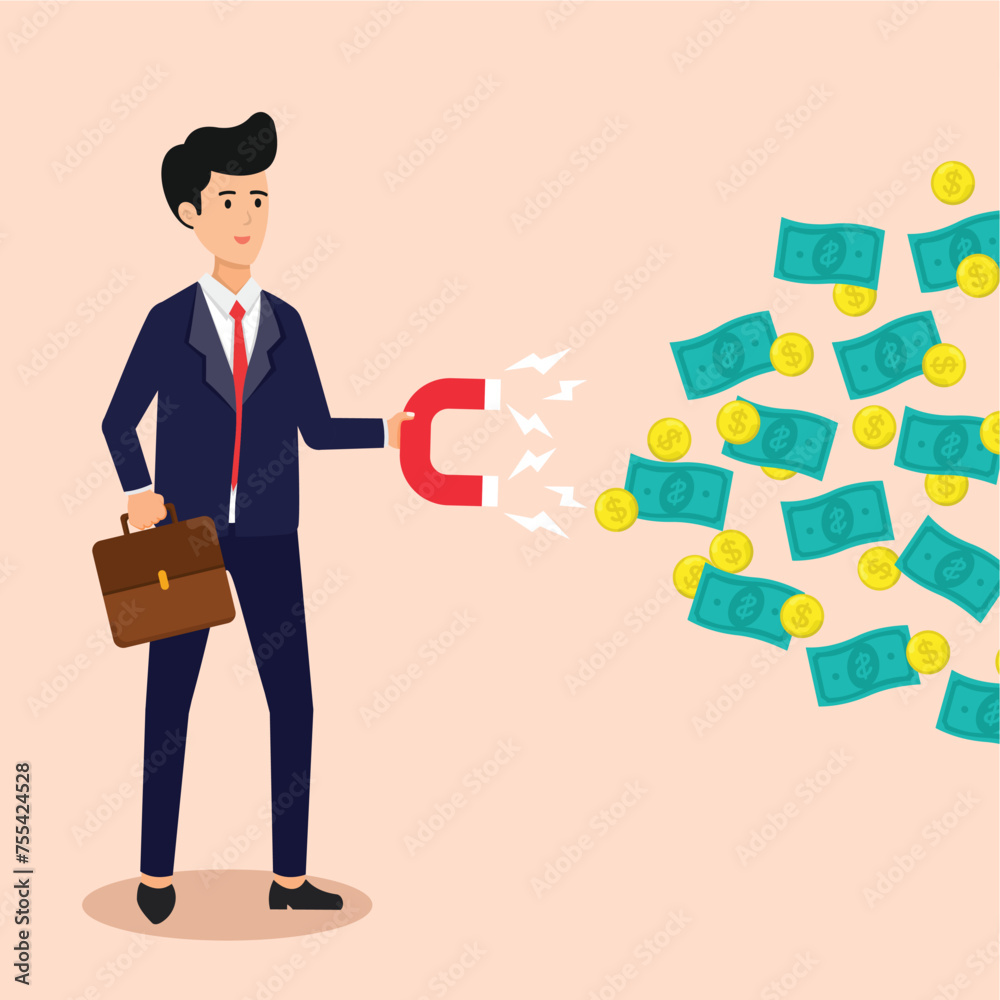 businessman is attracting buyers, businessman has succeeded in making big profits, businessman is holding a magnet to attract money, vector illustration businessman is attracting buyers, businessman has succeeded in making big profits, businessman is holding a magnet to attract money, vector illustration