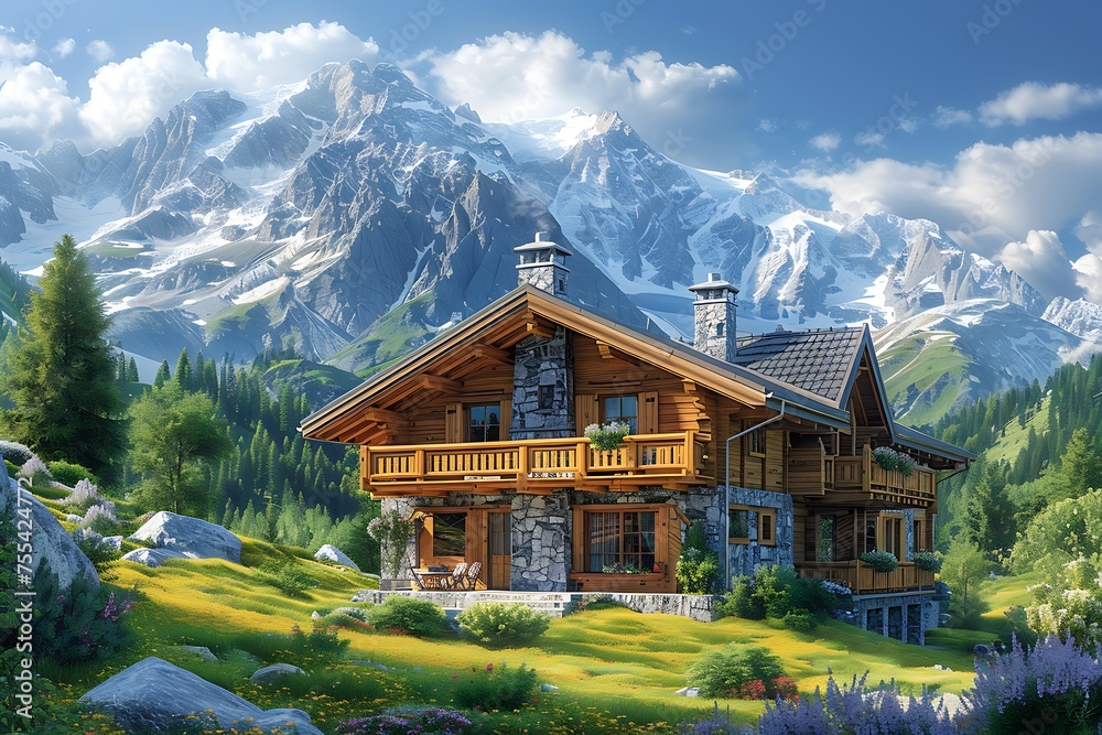 A picturesque luxury cabin nestles amidst flowering meadows with a majestic mountain backdrop 