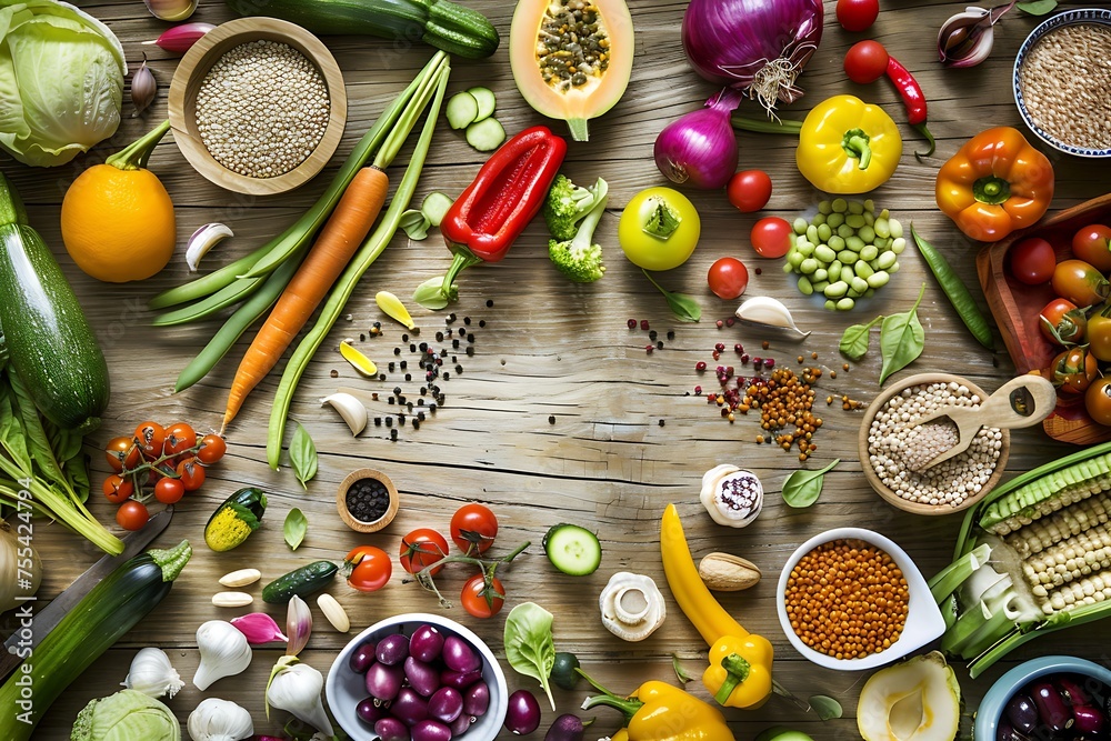 A vibrant top view of a variety of fresh vegetables and fruits spread out on a rustic wooden surface  - obrazy, fototapety, plakaty 